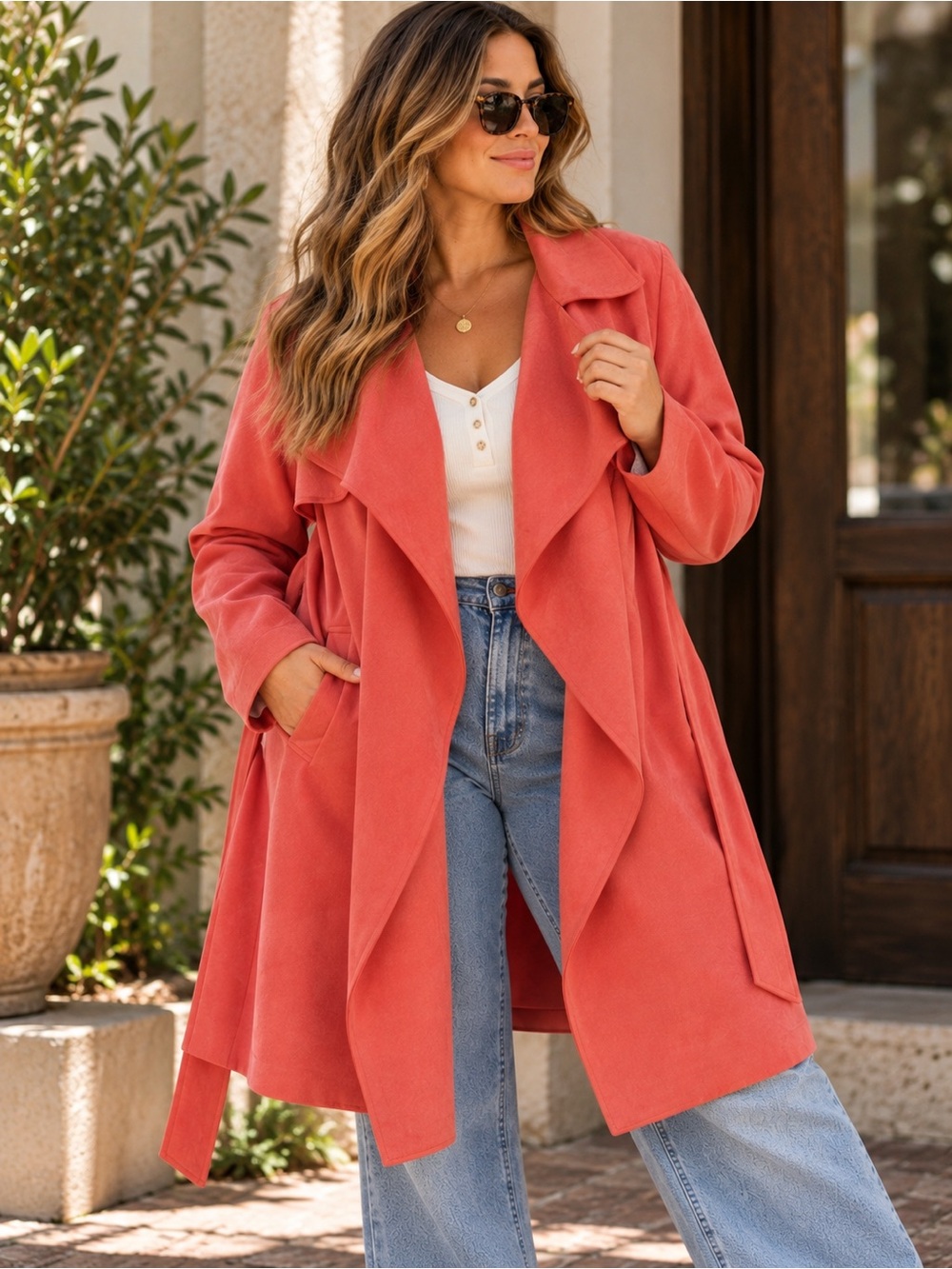 Solitaire Faux Suede Waterfall Trench Coat Coral Pink Belted Jacket XL